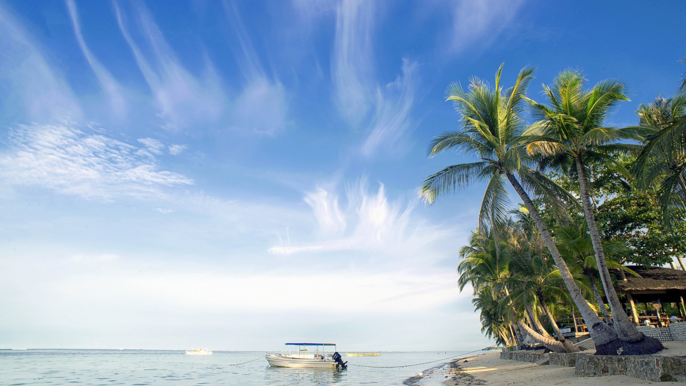 White Boat on Sea Under Blue Sky During Daytime. Wallpaper in 1366x768 Resolution