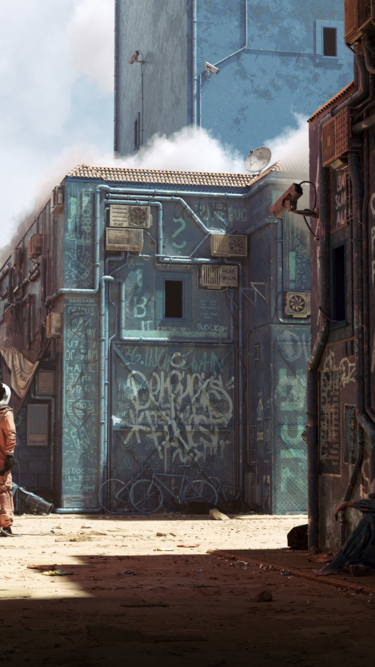 Man in Brown Jacket Standing Beside Blue Concrete Building During Daytime. Wallpaper in 750x1334 Resolution