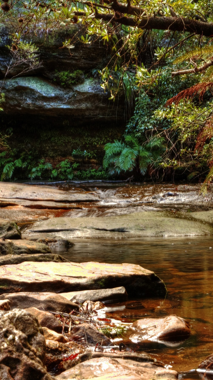 Braune Und Graue Felsen am Fluss. Wallpaper in 720x1280 Resolution