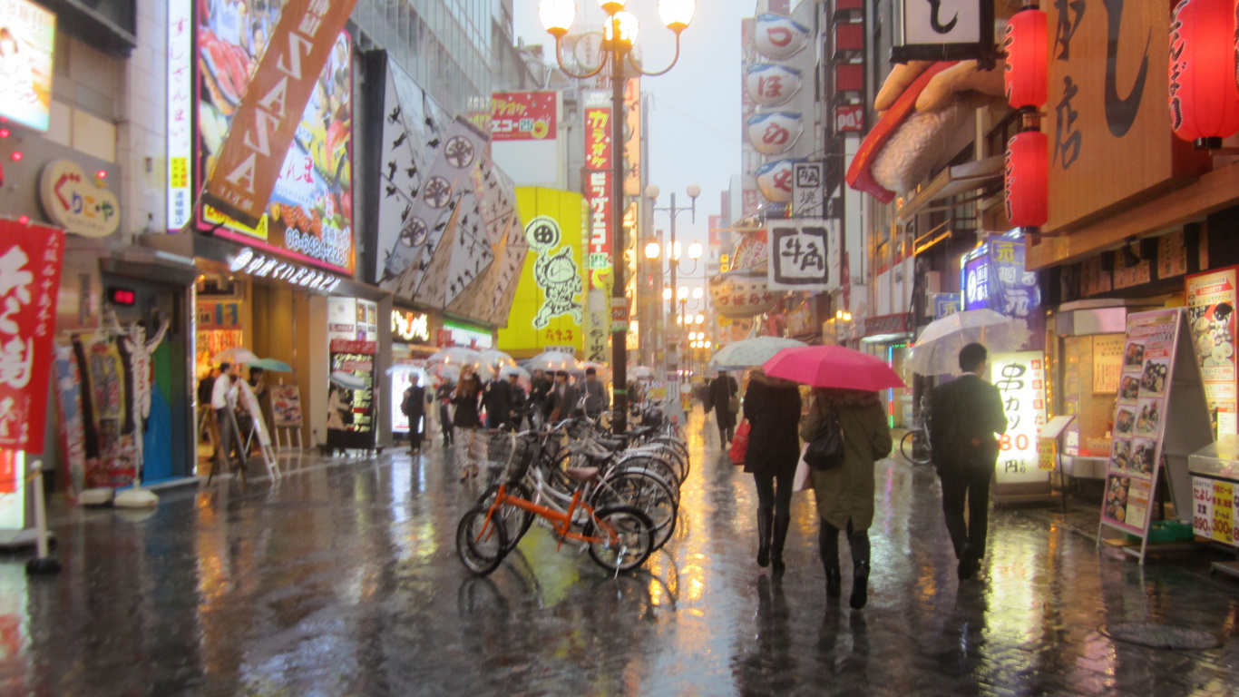 Leute, Die Tagsüber Mit Regenschirm Auf Der Straße Gehen. Wallpaper in 1366x768 Resolution