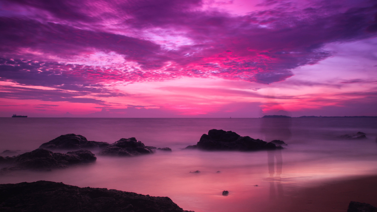 地平线, 海洋, 粉红色, 天空, 大海 壁纸 1280x720 允许