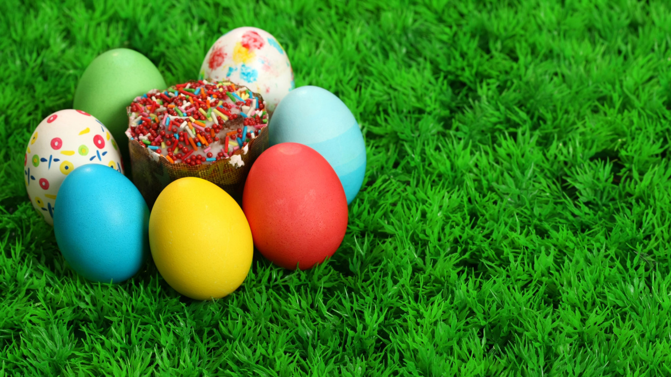 Osterei, Gras, Ostern, Rasen, Wiese. Wallpaper in 1366x768 Resolution