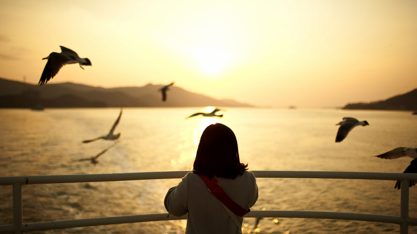 Mujer en Camisa Blanca de Manga Larga de Pie en la Playa Durante la Puesta de Sol. Wallpaper in 1366x768 Resolution