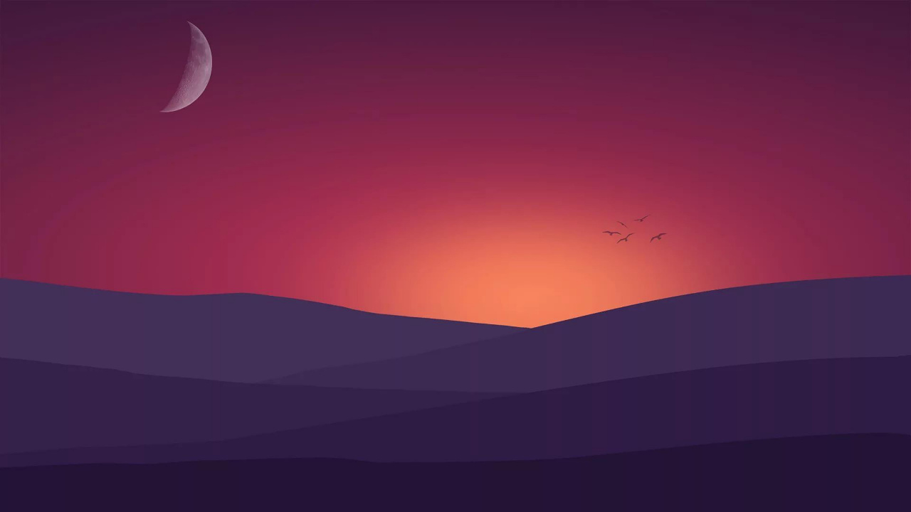 Minimalism, Sunset, Landscape, Atmosphere, Moon. Wallpaper in 1280x720 Resolution