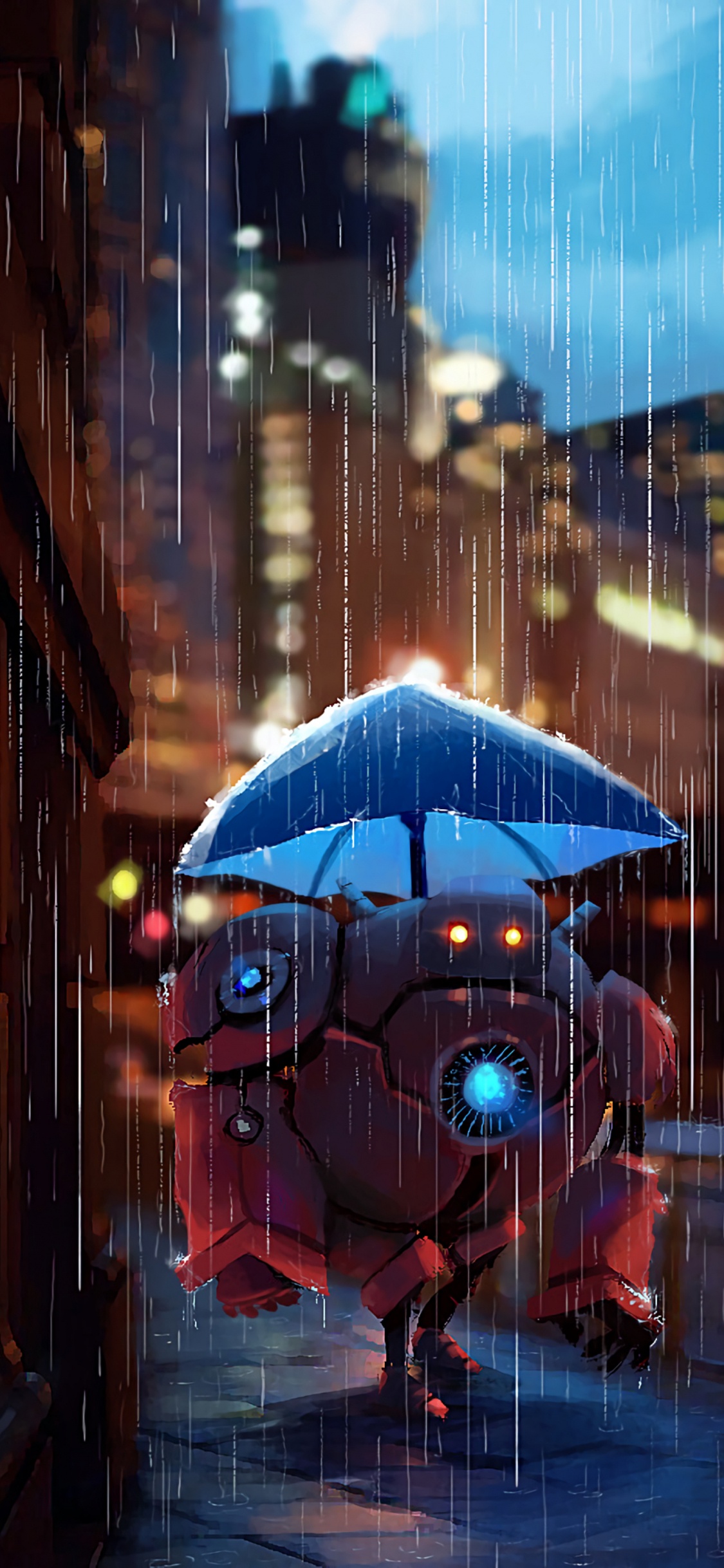 Blauer Regenschirm in Der Stadt Während Der Nacht. Wallpaper in 1125x2436 Resolution