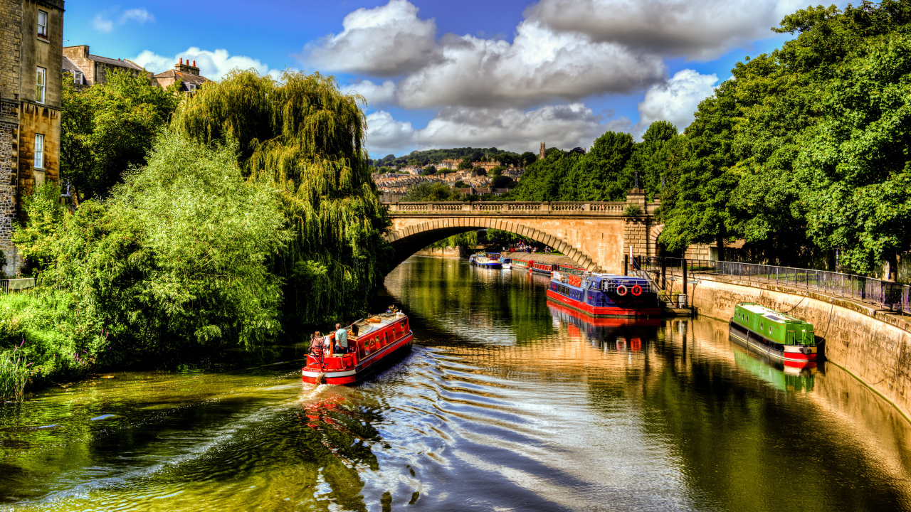 Red Boat on River Near Green Trees Under Blue Sky and White Clouds During Daytime. Wallpaper in 1280x720 Resolution