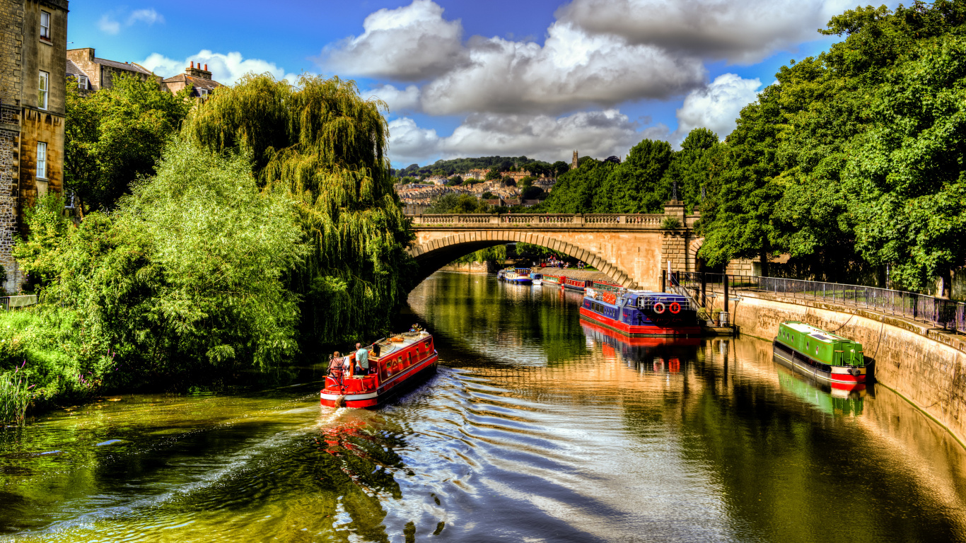 Red Boat on River Near Green Trees Under Blue Sky and White Clouds During Daytime. Wallpaper in 1366x768 Resolution
