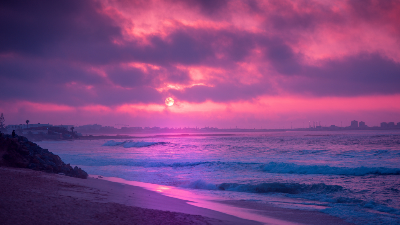 Sonnenuntergang, Horizont, Afterglow, Gewässer, Meer. Wallpaper in 1366x768 Resolution