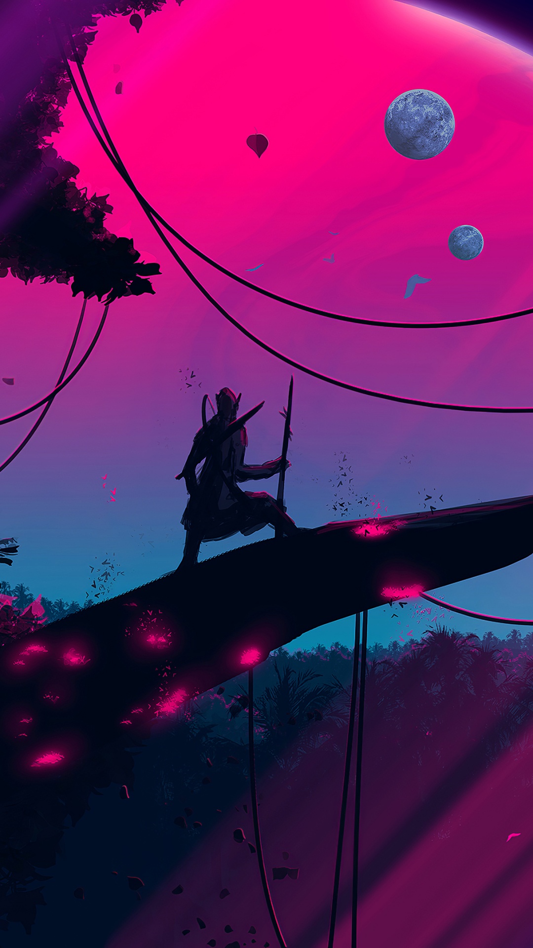 Silhouette of Tree With Pink and Blue Lights. Wallpaper in 1080x1920 Resolution