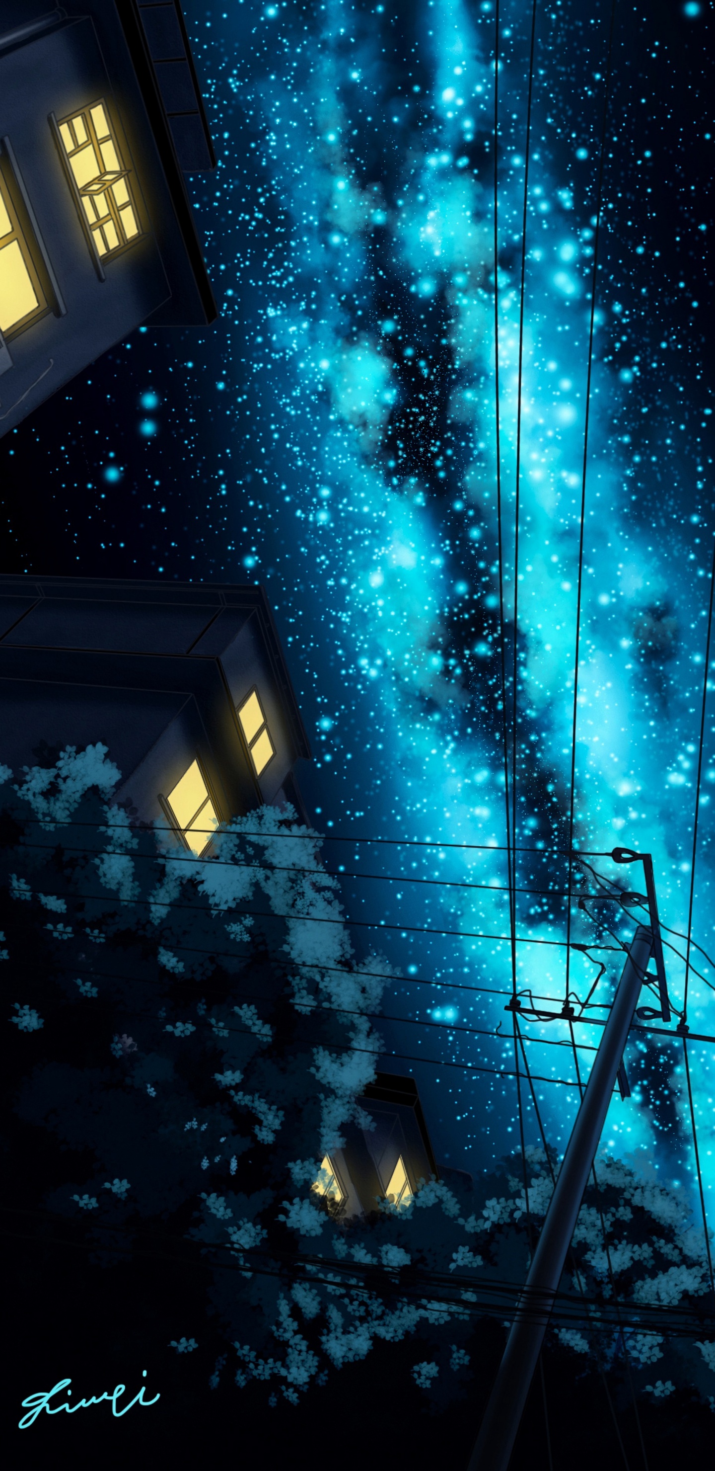 Green Tree Near White House During Night Time. Wallpaper in 1440x2960 Resolution