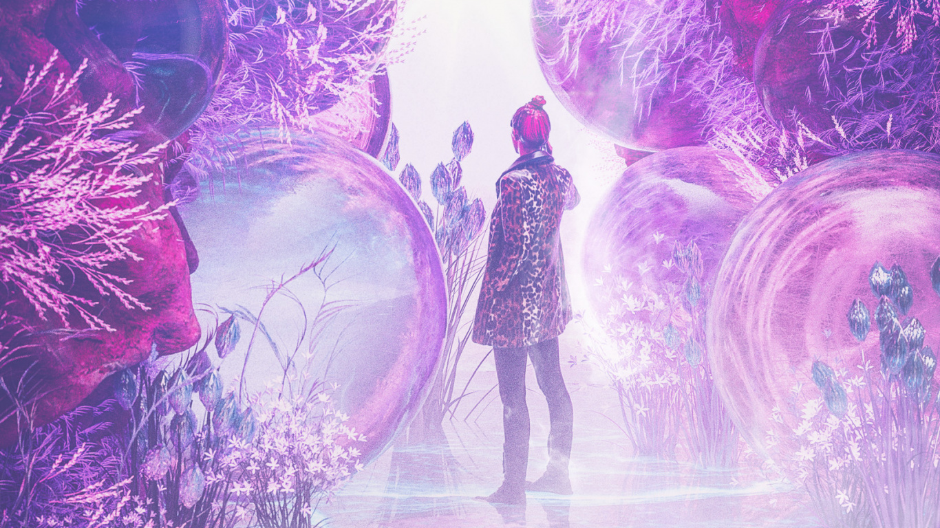 Frau im Schwarzen Kleid, Die Auf Lila Und Grünem Licht Steht. Wallpaper in 1366x768 Resolution