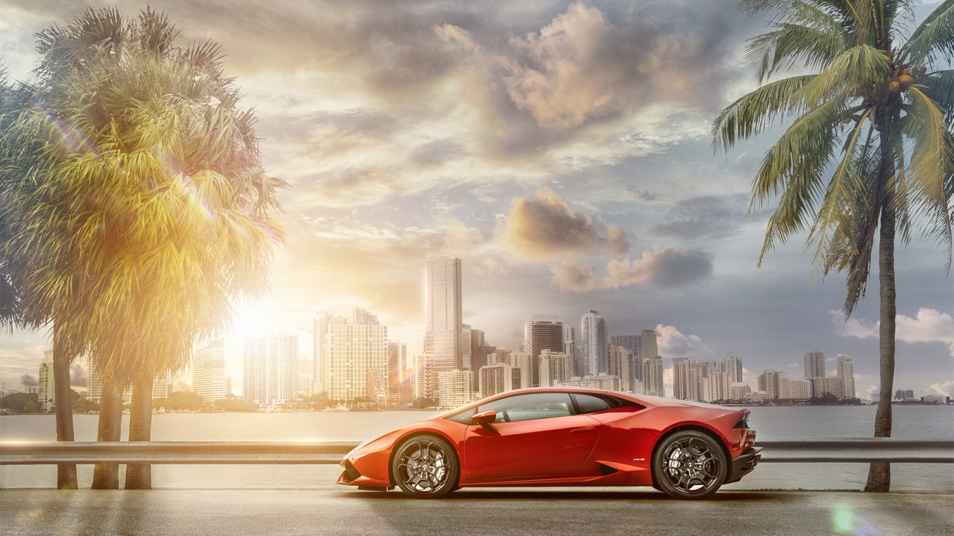 Roter Porsche 911 am Strand Bei Sonnenuntergang. Wallpaper in 1366x768 Resolution