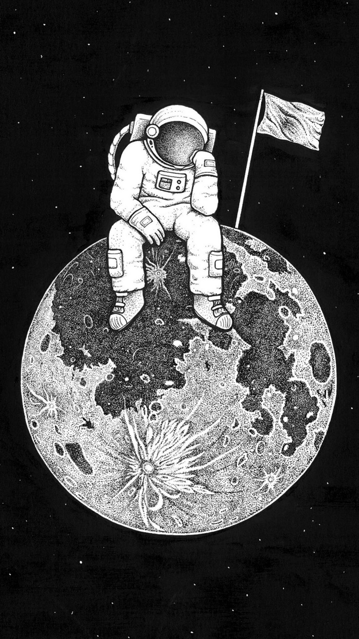 Astronaut Sitzt Auf Dem Mond, Astronaut, Weltraum, Schwarz Und Weiß, Kunst. Wallpaper in 720x1280 Resolution