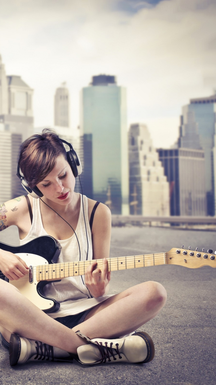 Guitar, Sitting, Cool, Graffiti, Woman. Wallpaper in 750x1334 Resolution