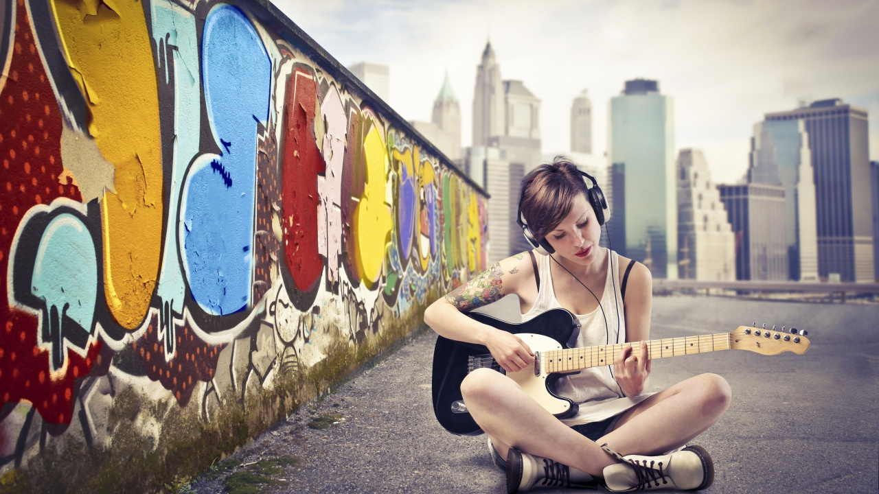 吉他, 坐, 很酷的, 涂鸦, 女人 壁纸 1280x720 允许