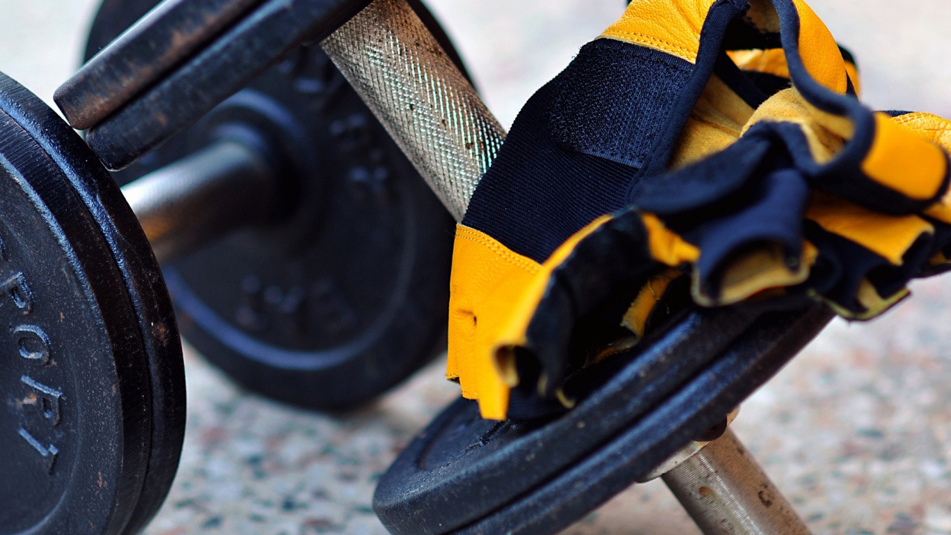Black and Yellow Dumbbell on Gray Concrete Floor. Wallpaper in 1366x768 Resolution