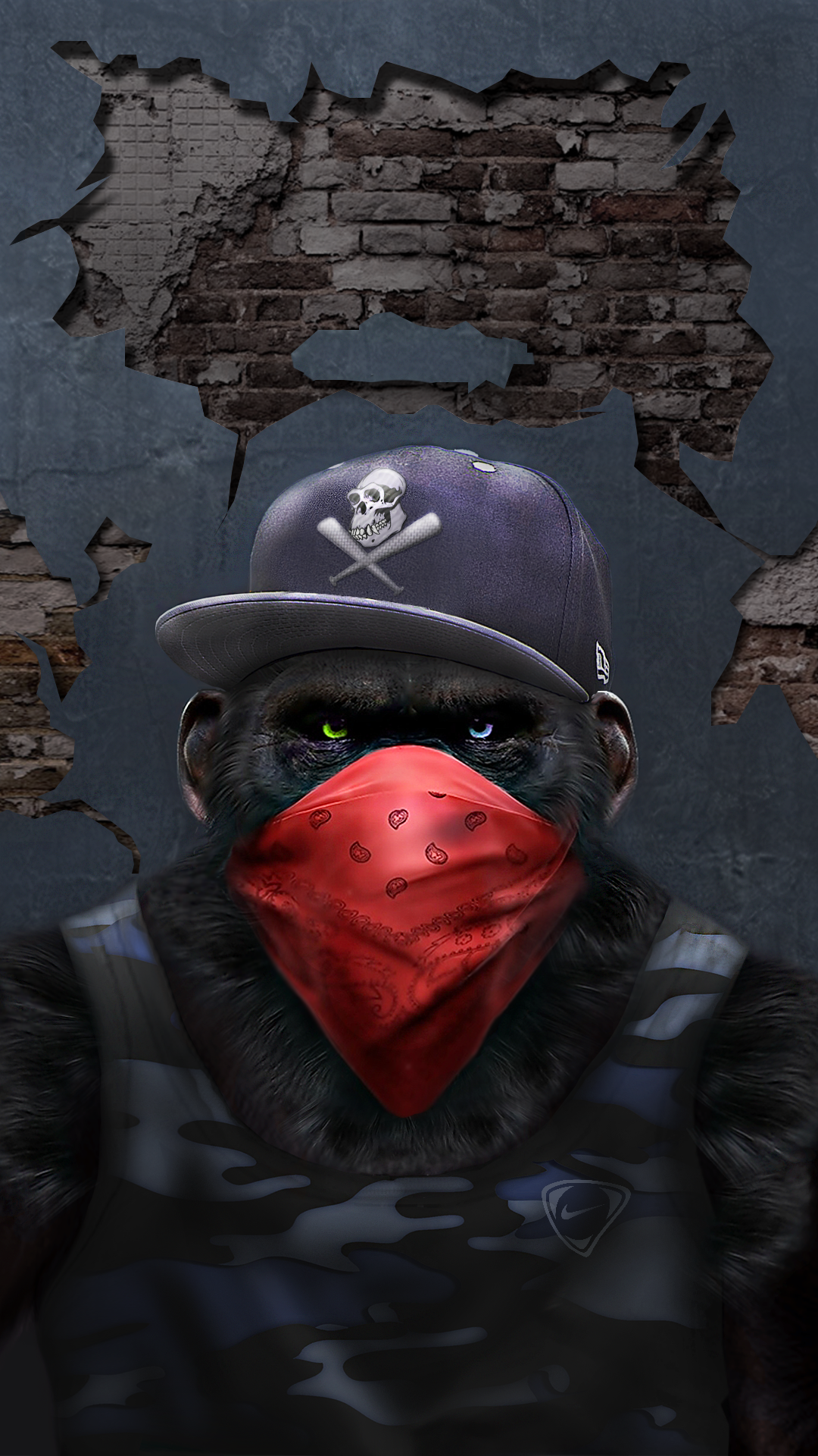 Affe Mit Bandana, Poster, Malerei, Kunst, Leinwand. Wallpaper in 1080x1920 Resolution