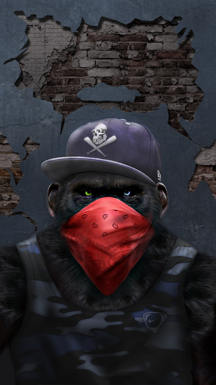 Affe Mit Bandana, Poster, Malerei, Kunst, Leinwand. Wallpaper in 750x1334 Resolution