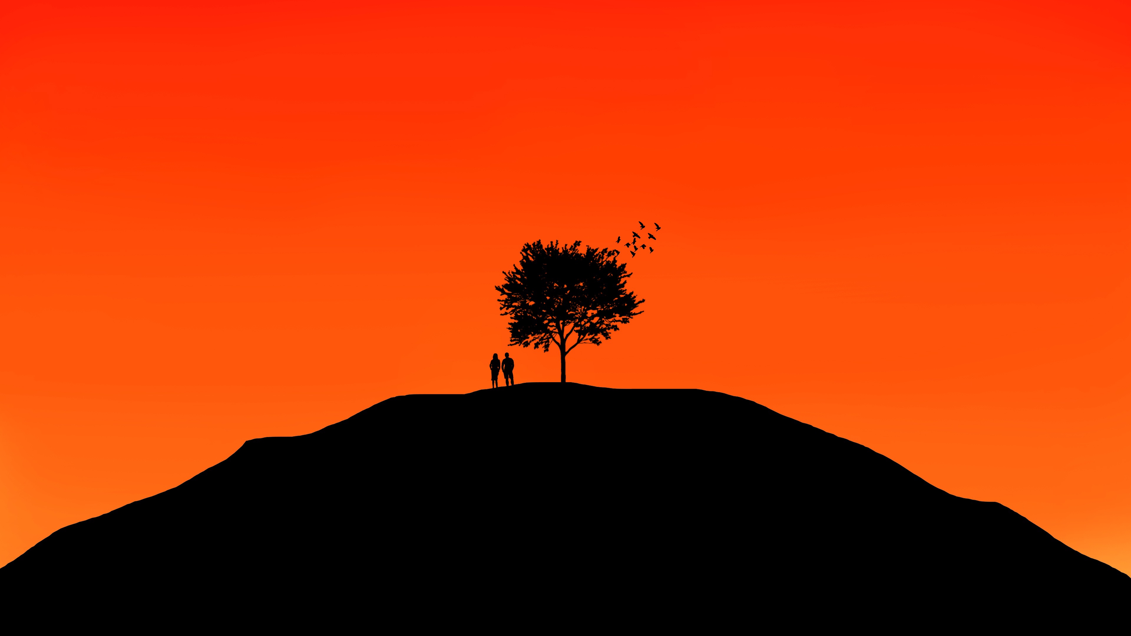 Silhouette de 2 Personnes Debout Sur la Colline Pendant le Coucher du Soleil. Wallpaper in 3840x2160 Resolution