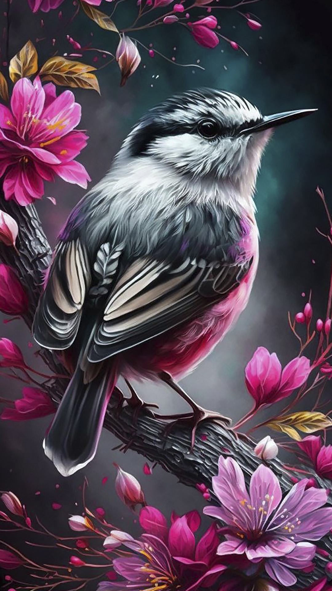 Malerei, Blühende Pflanze, Kunst, Birds, Vogel. Wallpaper in 1080x1920 Resolution