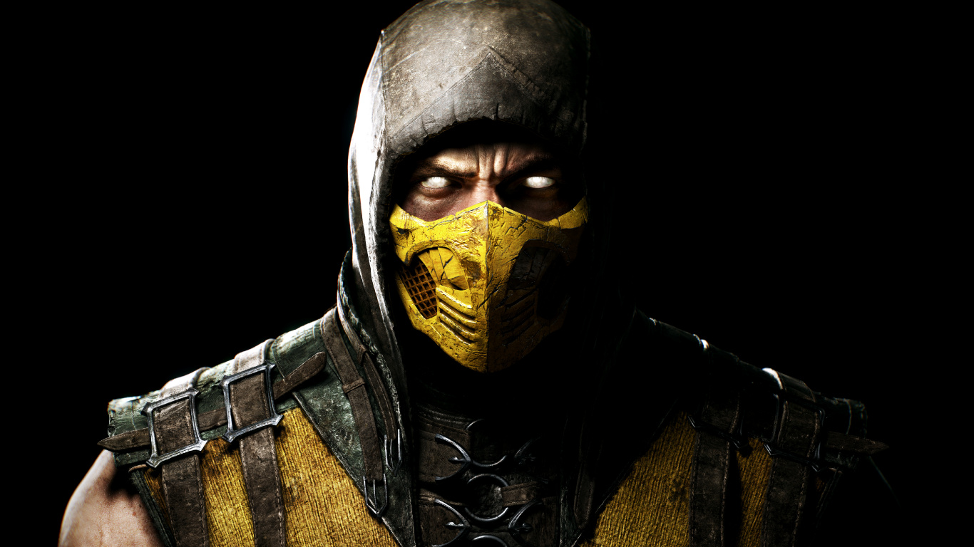 Mortal Kombat x, Scorpion, Yellow, Human, Darkness. Wallpaper in 1366x768 Resolution
