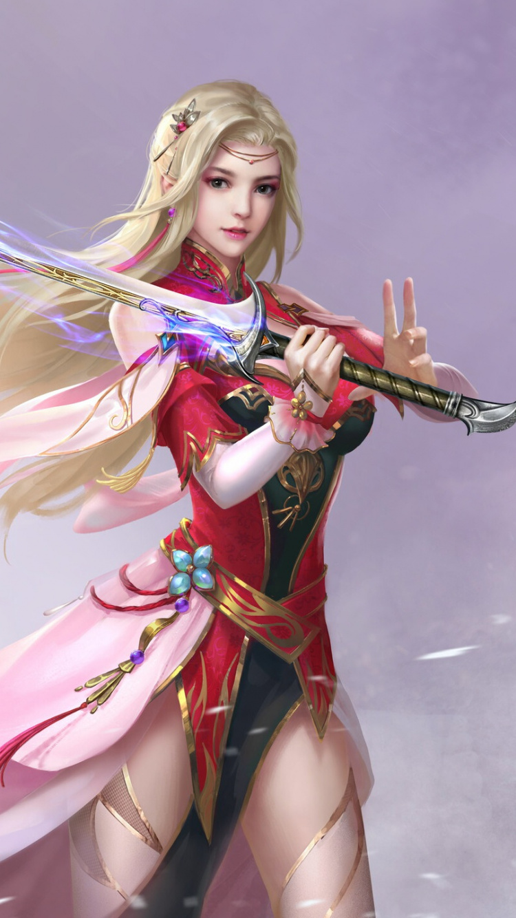 Femme en Robe Rouge et Blanche Tenant L'épée. Wallpaper in 750x1334 Resolution