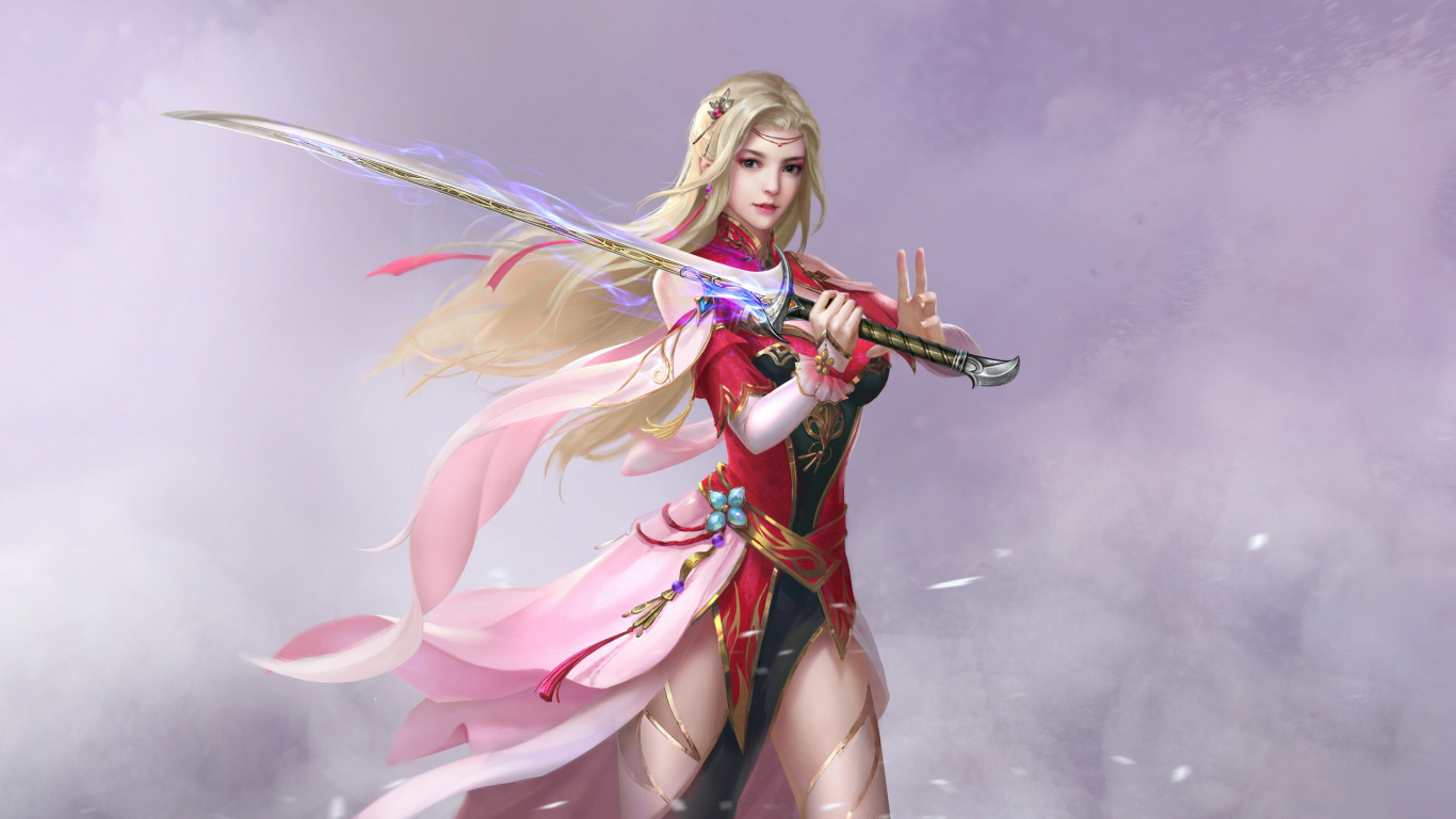 Woman in Red and White Dress Holding Sword. Wallpaper in 1366x768 Resolution