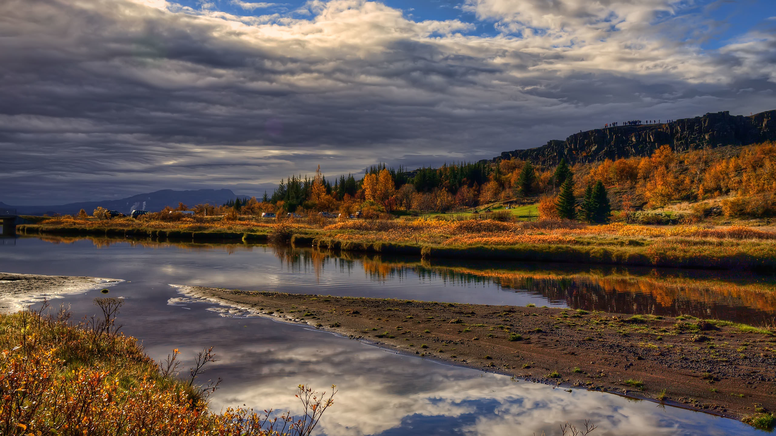 Brown and Green Trees Beside River Under White Clouds and Blue Sky During Daytime. Wallpaper in 2560x1440 Resolution