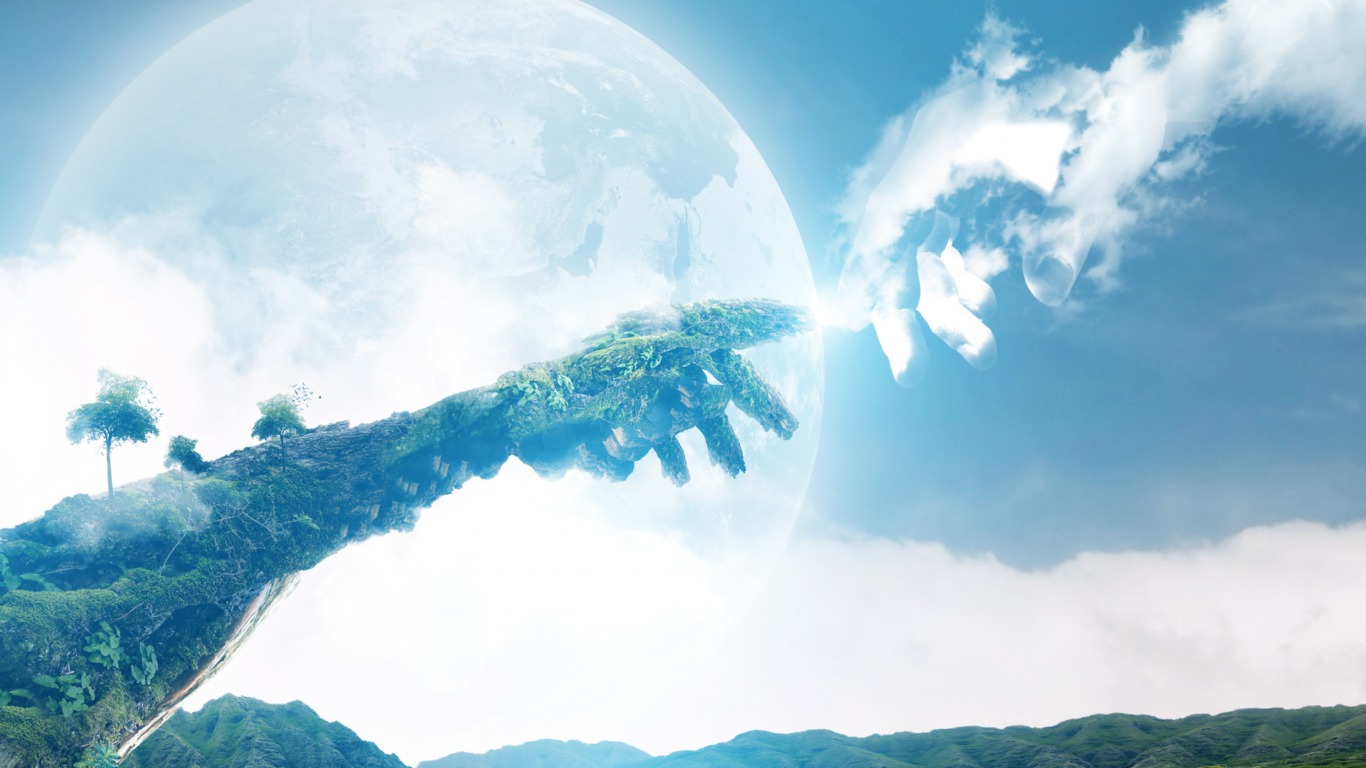 White Clouds Over Green Mountain. Wallpaper in 1920x1080 Resolution