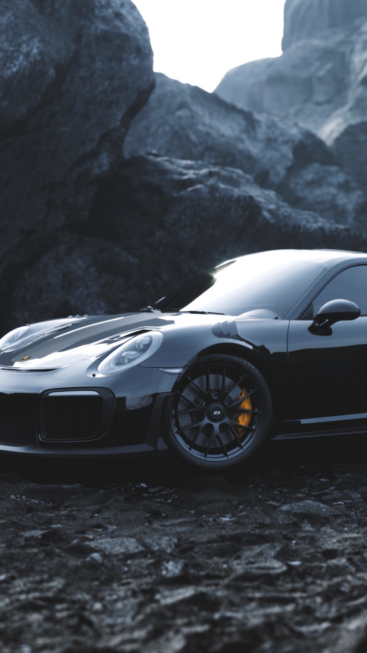 Porsche 911 Negro Sobre Roca Negra. Wallpaper in 720x1280 Resolution
