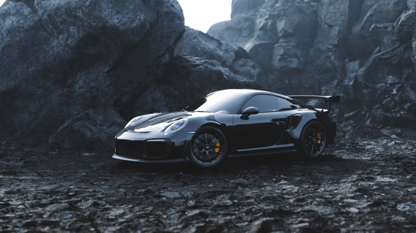 Porsche 911 Noire Sur Rocher Noir. Wallpaper in 1366x768 Resolution