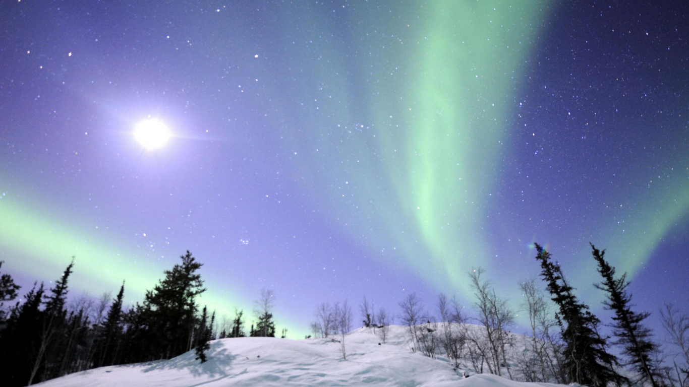 Aurora, Nature, Hiver, Neige, Atmosphère. Wallpaper in 1366x768 Resolution