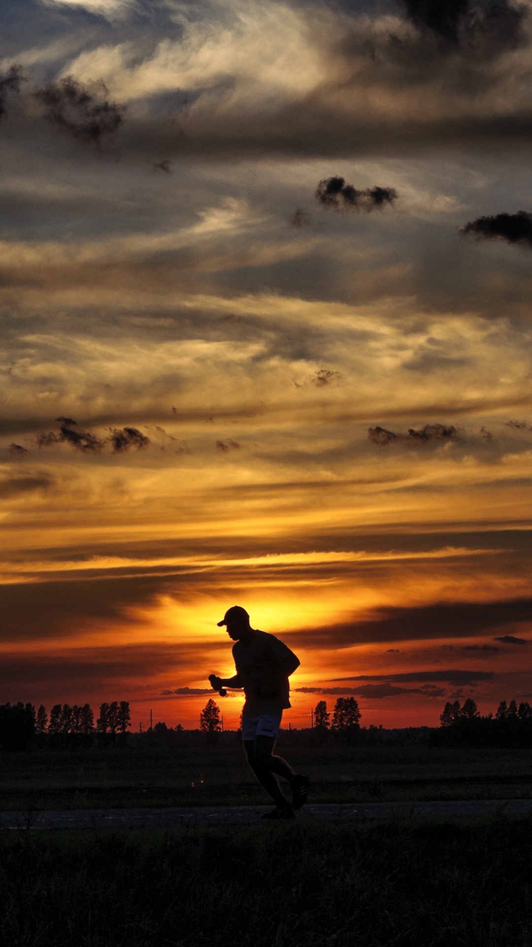 Silueta, De, Hombre Caminar, En, Campo de Hierba, Durante, Ocaso. Wallpaper in 1080x1920 Resolution