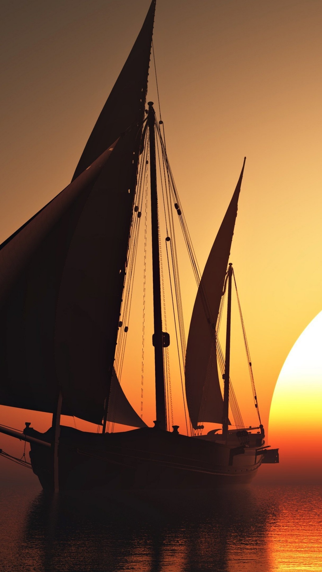 Silhouette Eines Segelboots Auf Dem Meer Bei Sonnenuntergang. Wallpaper in 1080x1920 Resolution