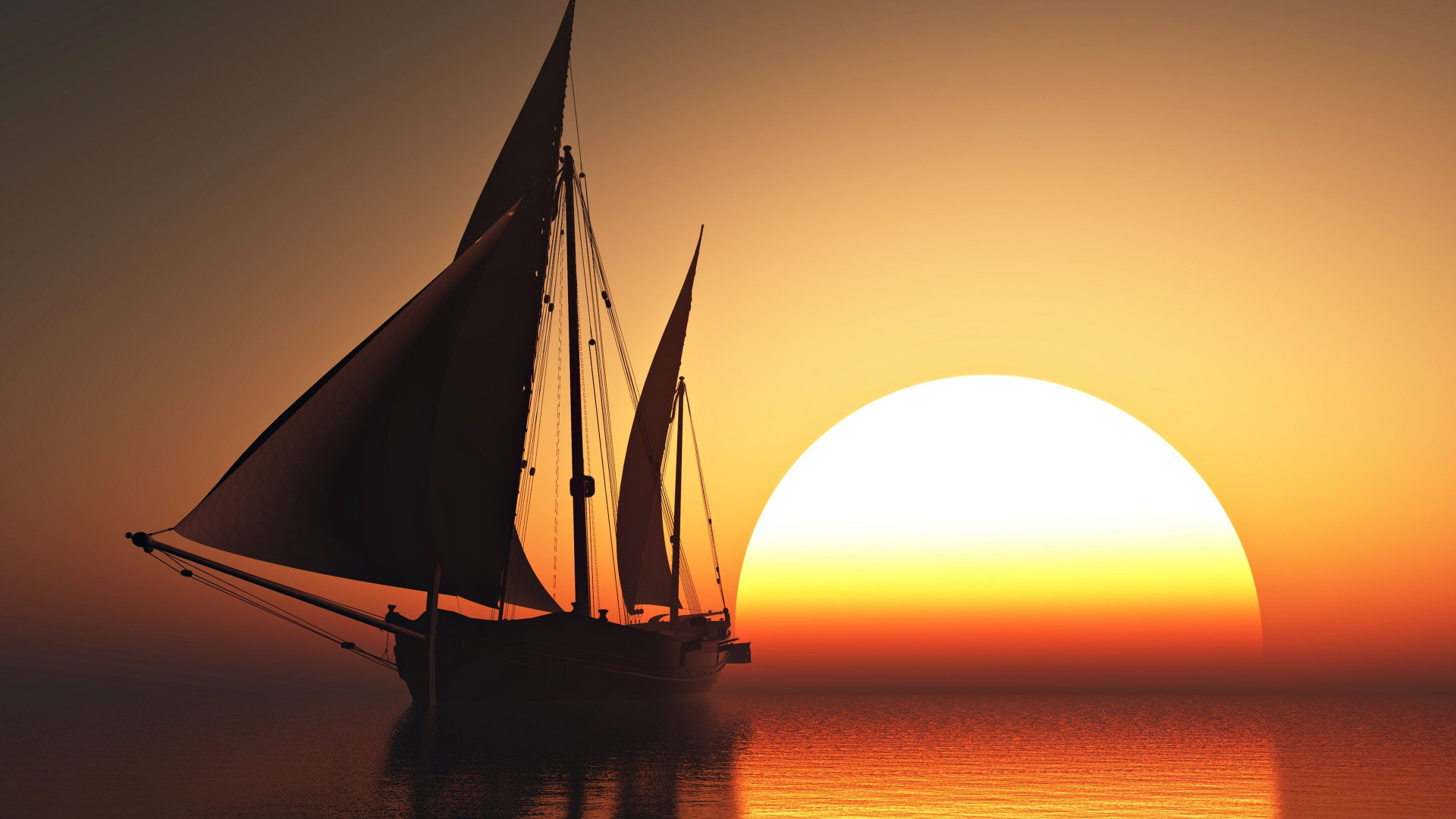 Silhouette Eines Segelboots Auf Dem Meer Bei Sonnenuntergang. Wallpaper in 1920x1080 Resolution