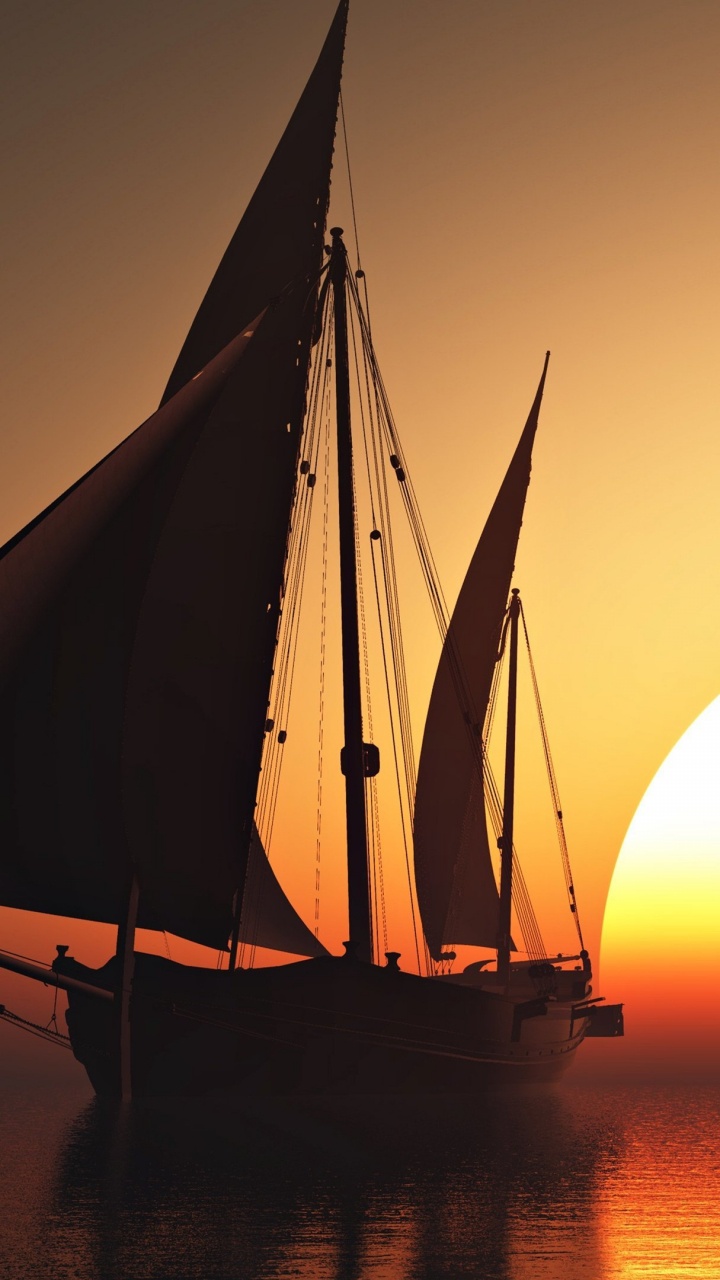 Silhouette Eines Segelboots Auf Dem Meer Bei Sonnenuntergang. Wallpaper in 720x1280 Resolution