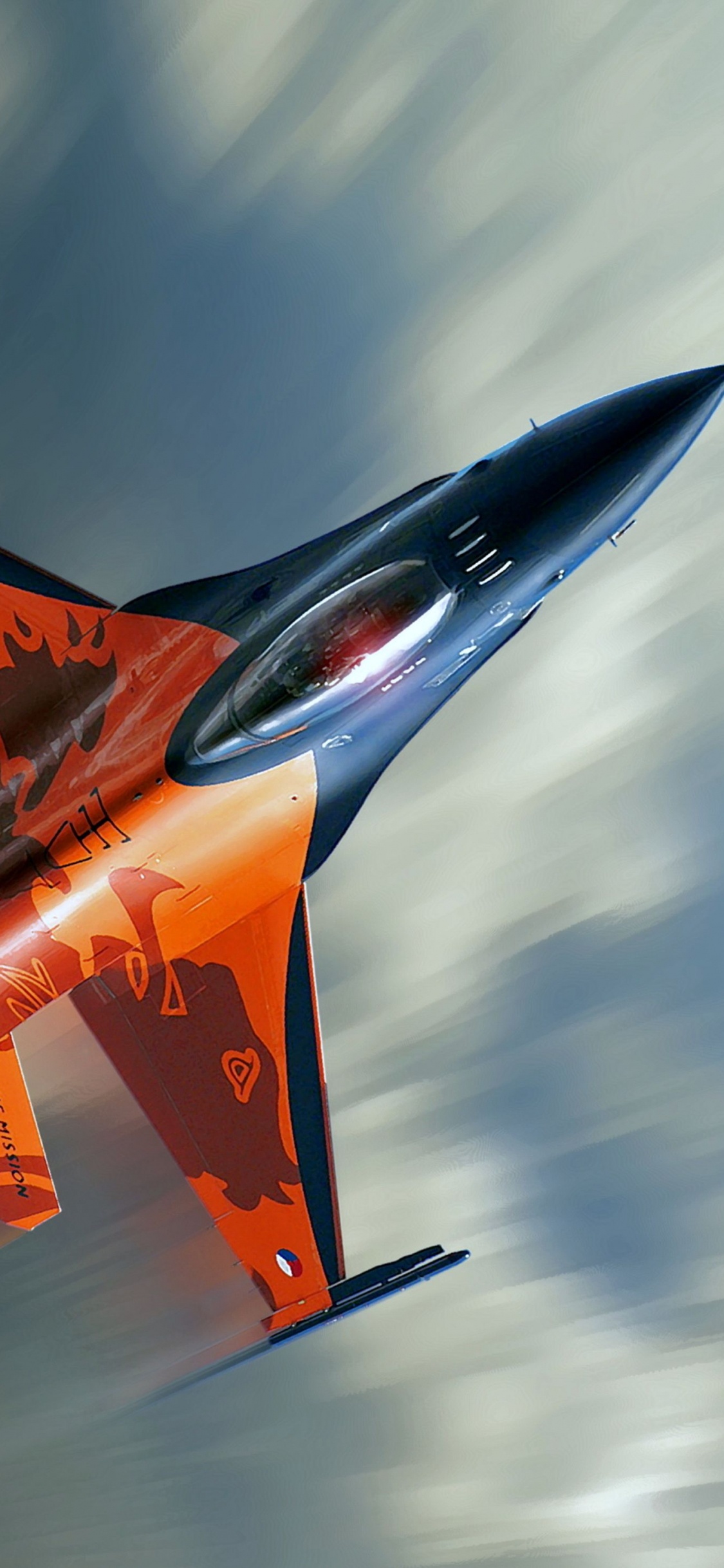 Avión a Reacción Naranja y Gris en el Aire.. Wallpaper in 1125x2436 Resolution