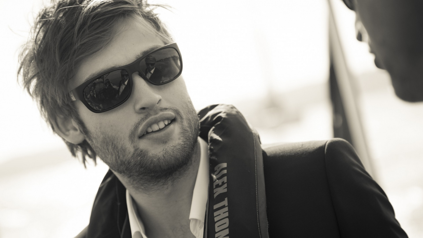 Douglas Booth, Cool, Moustache, Facial Hair, Black and White. Wallpaper in 1366x768 Resolution