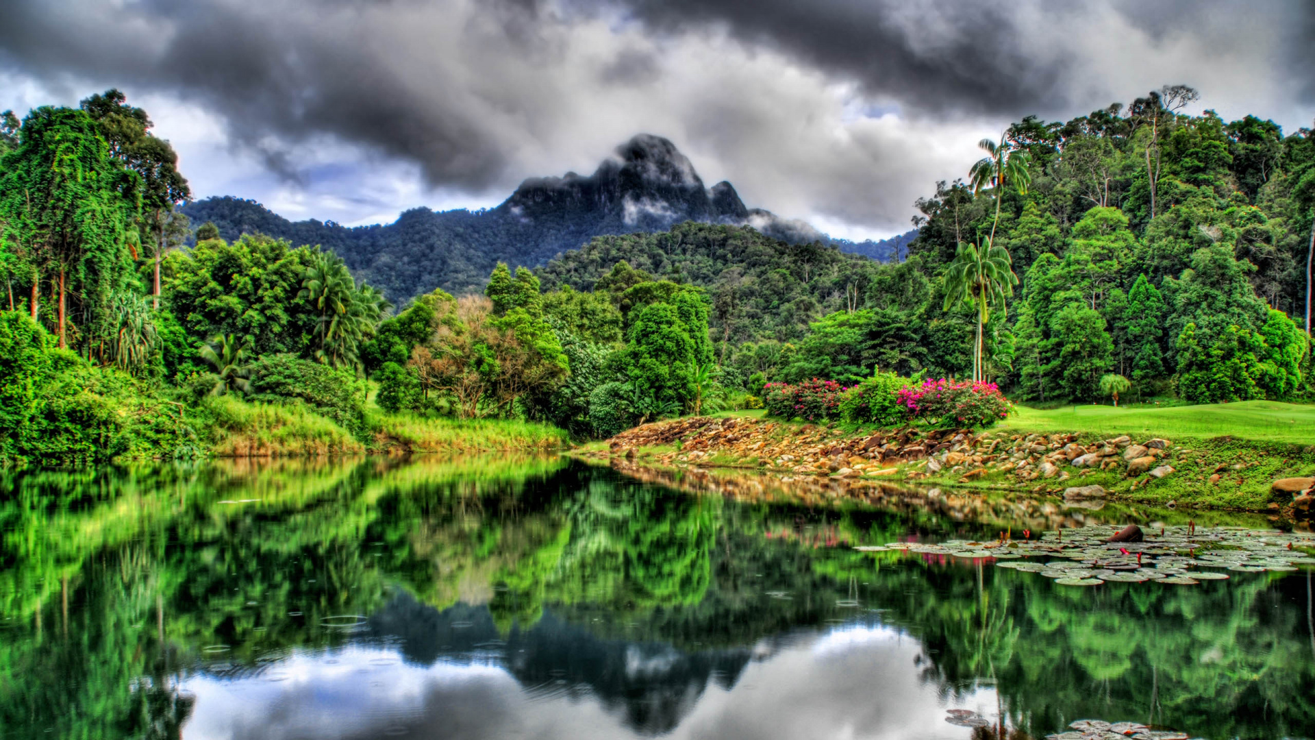 Green Trees Near Lake Under Cloudy Sky During Daytime. Wallpaper in 1920x1080 Resolution