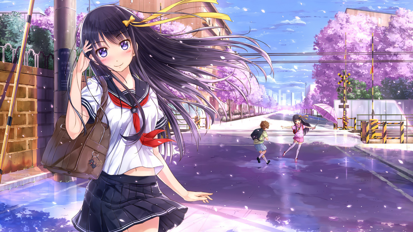 长长的头发, 卡通, 姬切, 均匀, 学校制服 壁纸 1366x768 允许