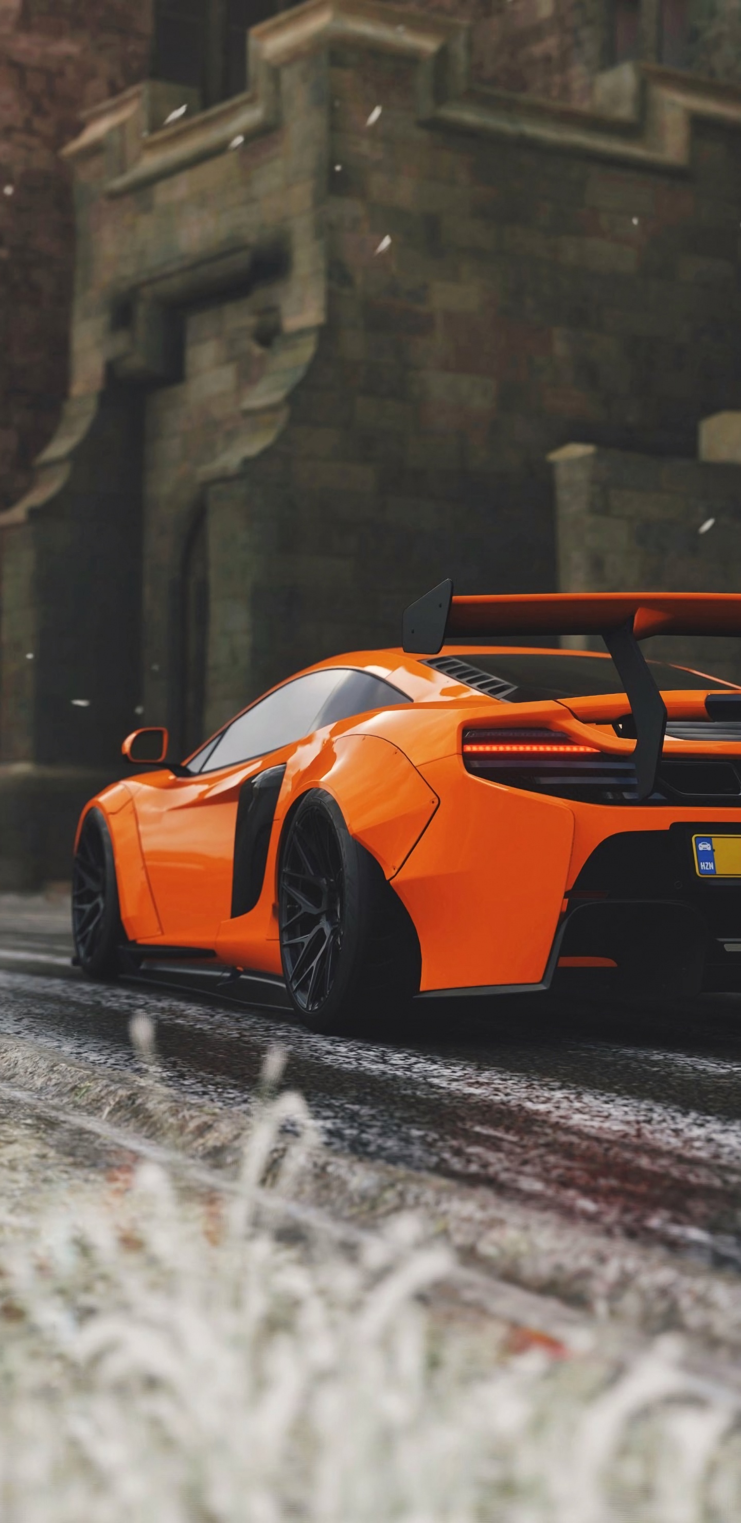 Orange Lamborghini Aventador on Road. Wallpaper in 1440x2960 Resolution
