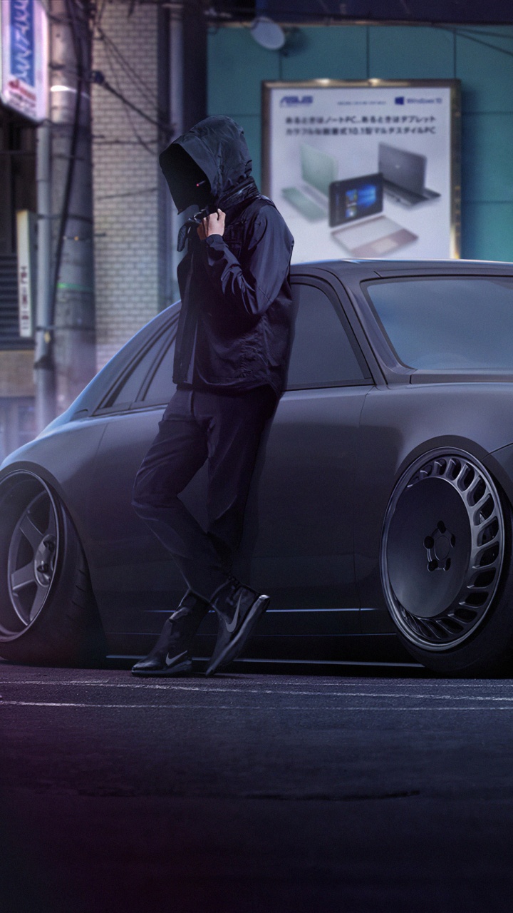 Black Mercedes Benz Coupe Parked Near Store. Wallpaper in 720x1280 Resolution