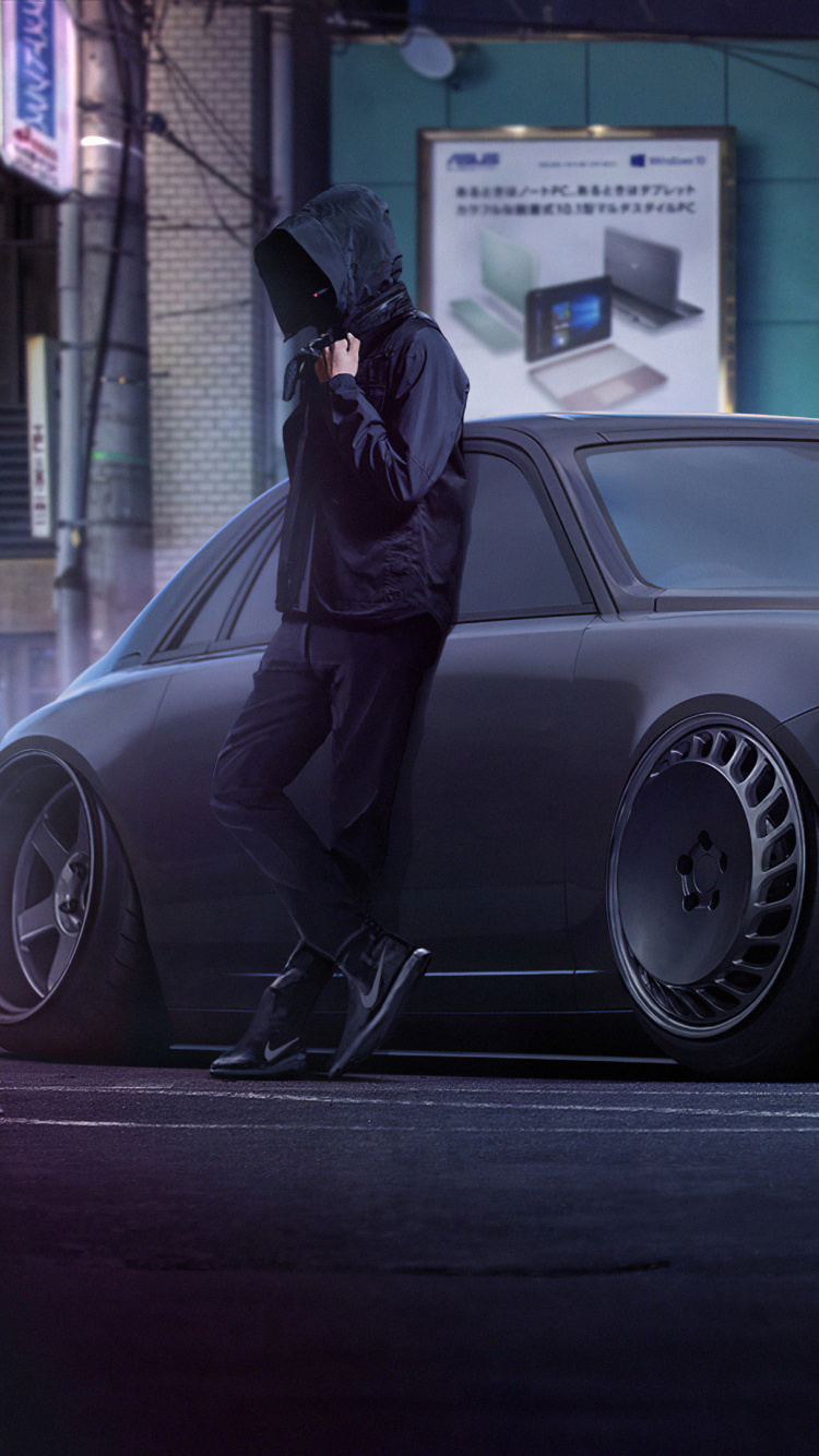 Mercedes Benz Coupé Noir Garé Près du Magasin. Wallpaper in 750x1334 Resolution