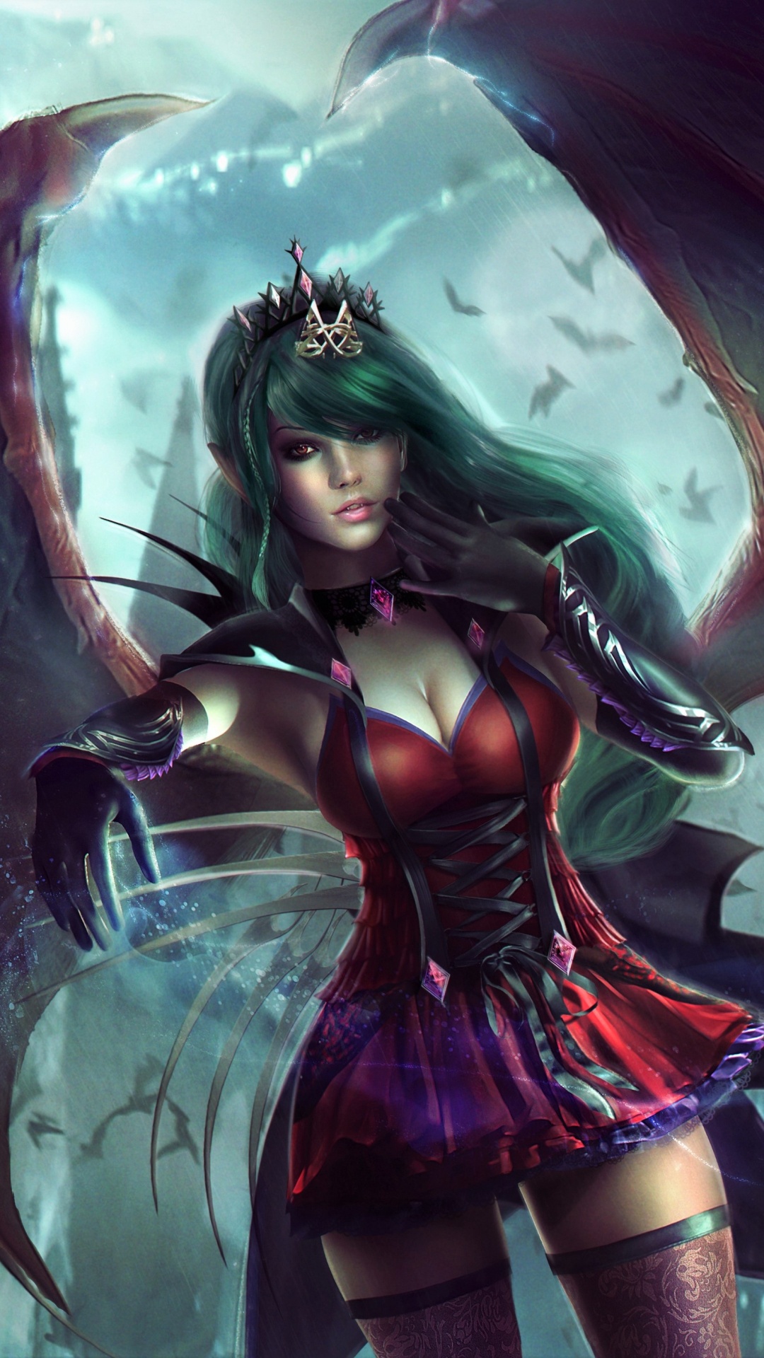 Frau im Roten Und Schwarzen Kleid Mit Flügelillustration. Wallpaper in 1080x1920 Resolution