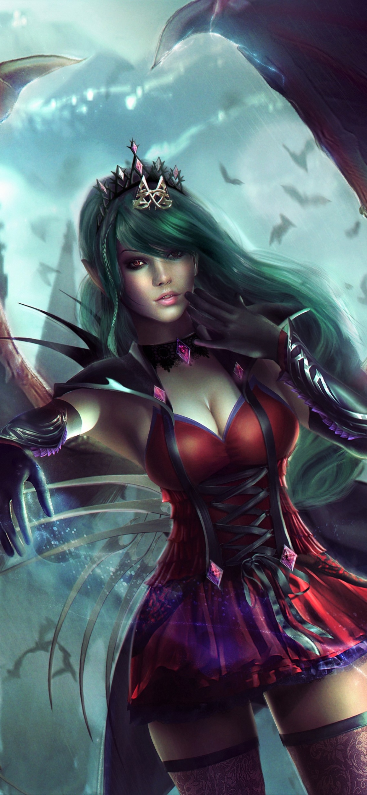 Frau im Roten Und Schwarzen Kleid Mit Flügelillustration. Wallpaper in 1242x2688 Resolution