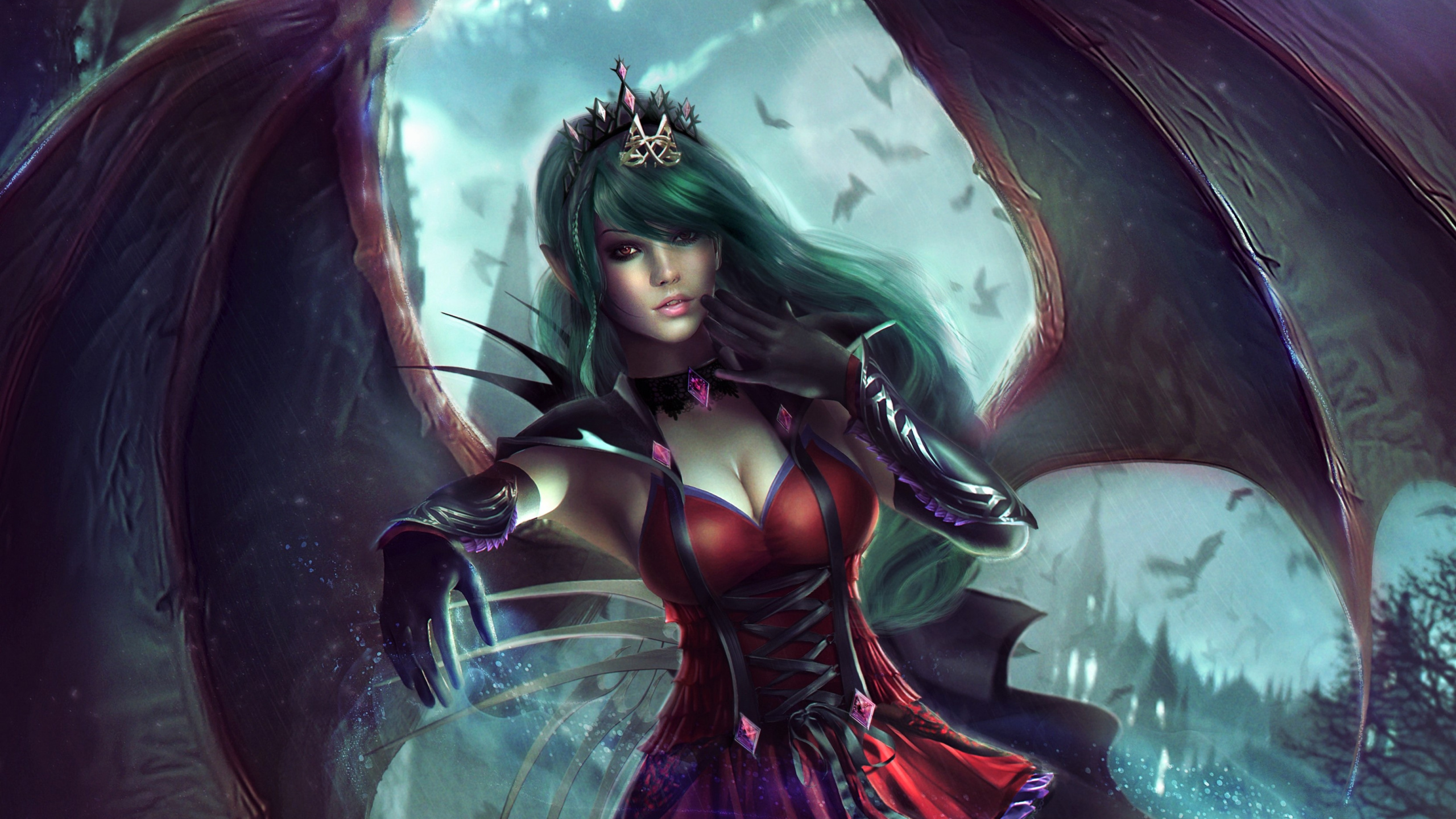 Frau im Roten Und Schwarzen Kleid Mit Flügelillustration. Wallpaper in 2560x1440 Resolution