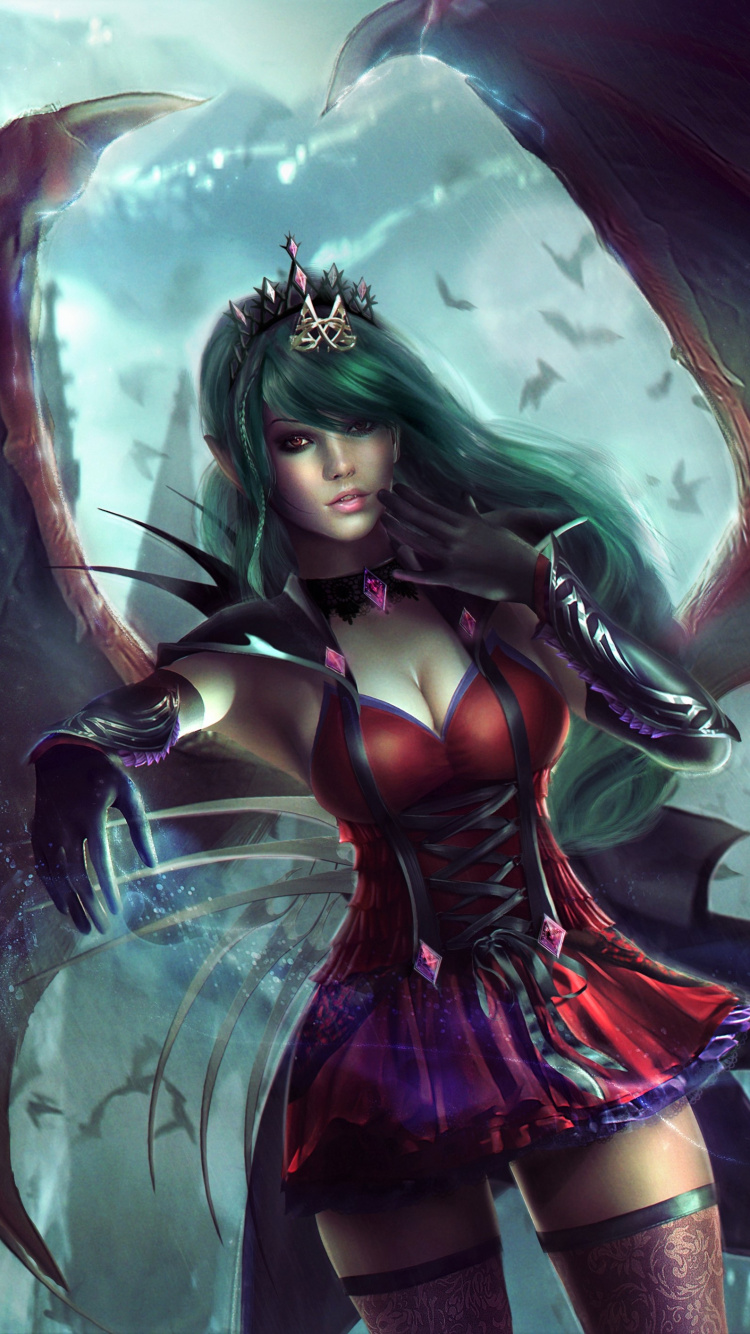 Frau im Roten Und Schwarzen Kleid Mit Flügelillustration. Wallpaper in 750x1334 Resolution