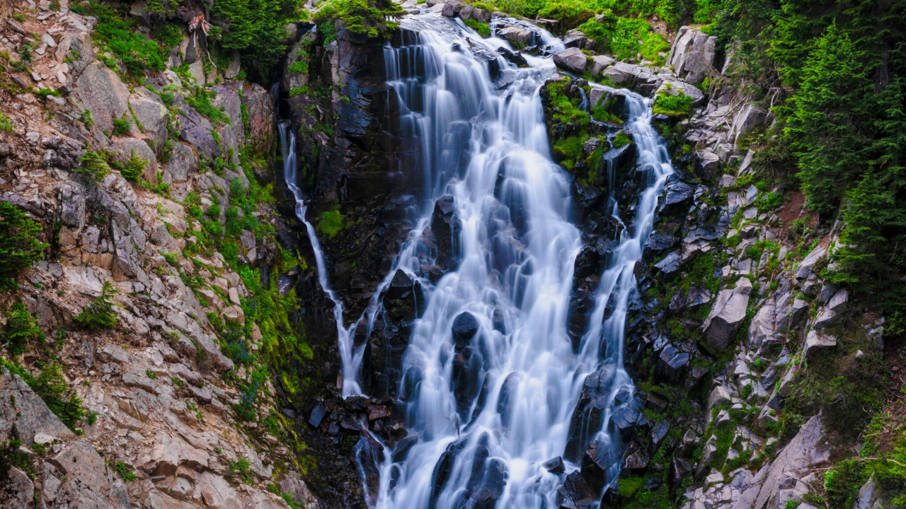 Mountain Waterfall, Mount Rainier, Mountain, Mount Washington, Waterfall. Wallpaper in 1280x720 Resolution