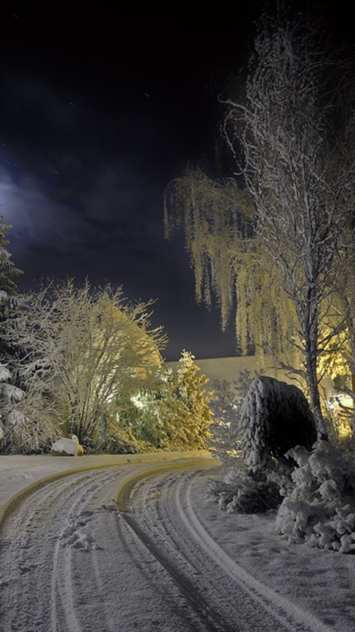 Snow Covered Road Between Trees During Night Time. Wallpaper in 720x1280 Resolution