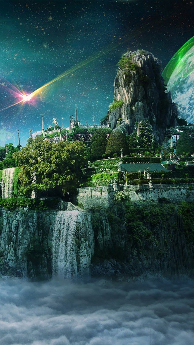 Green Trees Near Water Falls Under Blue Sky With Rainbow. Wallpaper in 750x1334 Resolution